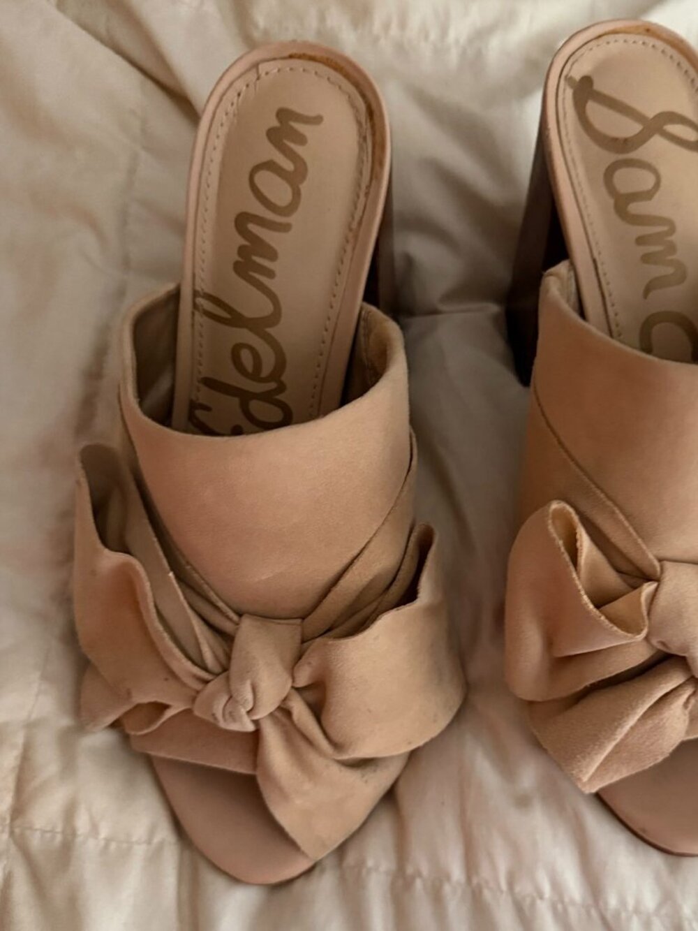 Sam Edelman Yumi Nude Suede Bow Block Heel Mules